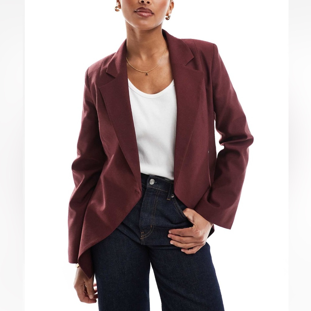 ASOS DESIGN - burgundy maroon wrap front single button cinched waist blazer - Picture 2 of 7